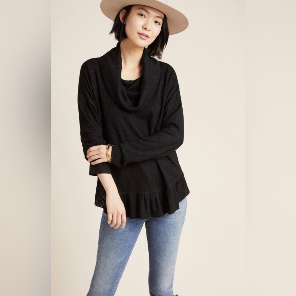 Maeve Antropologie Black Addie Ruffled Hacci Cowl Pullover Sweater XSmall